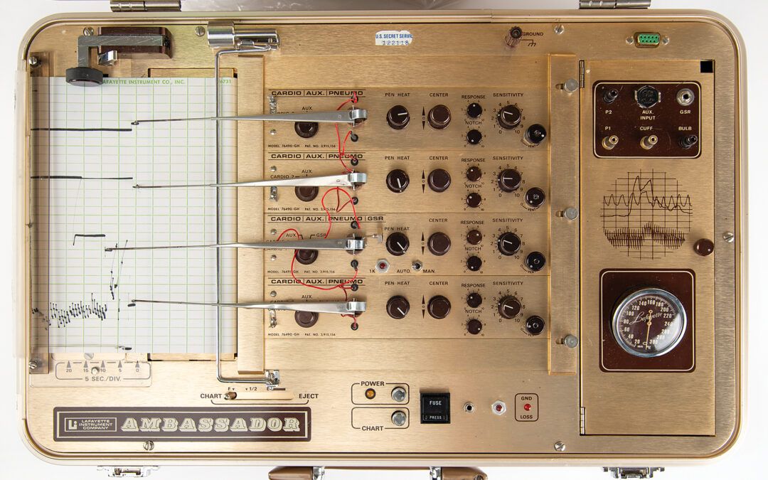A Lafayette Ambassador field polygraph, its four analogue channels and pen assembly visible.